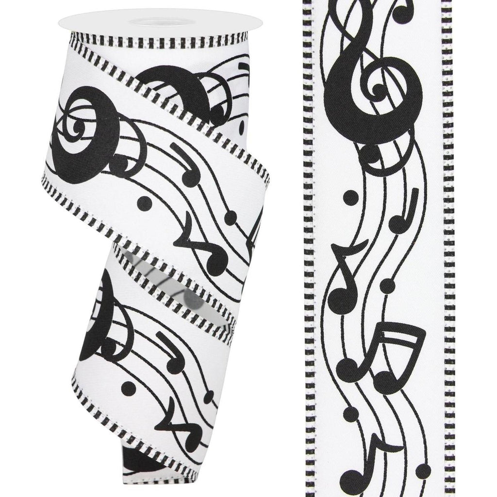 2.5" Bold Music Notes Ribbon: White (10 Yards)