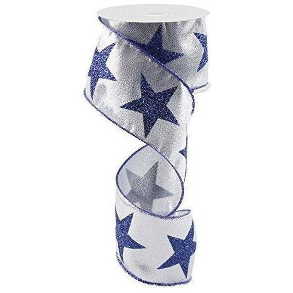 2.5" Metallic Star Ribbon: Silver & Navy (10 Yards)