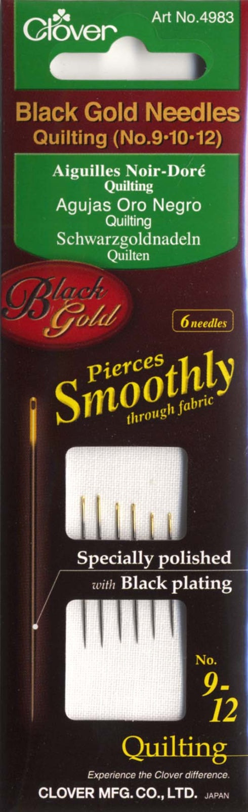 Clover Black Gold Quilting Needle Sizes 9 - 12 6ct