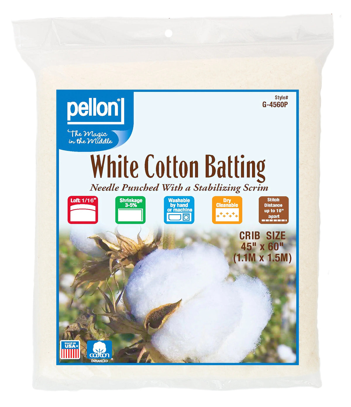 Pellon® White Cotton Batting With Scrim 45" x 60" Crib Size Package