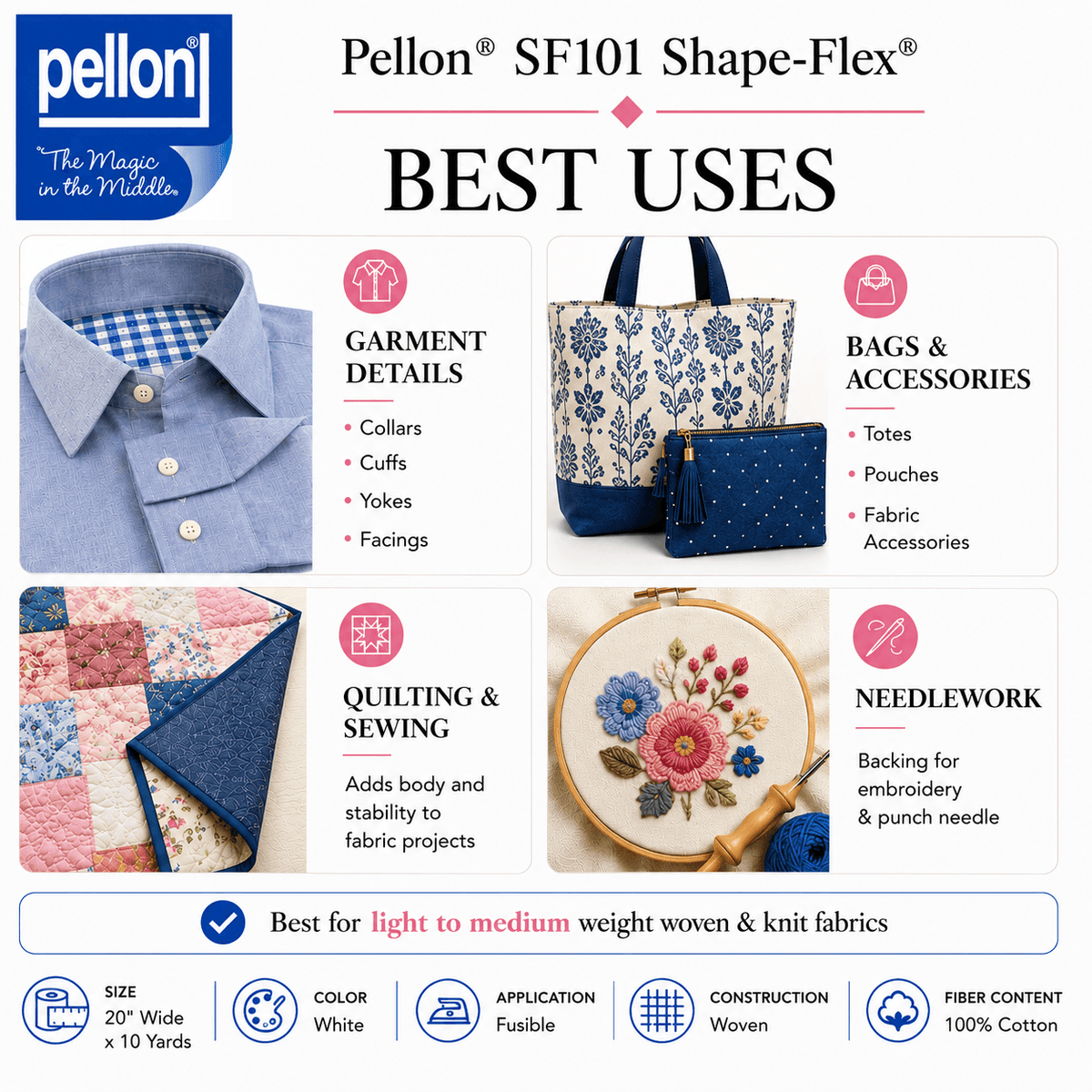 Pellon® SF101 Shape-Flex® Fusible Woven Cotton Interfacing – 20" x 1 Yard (White)