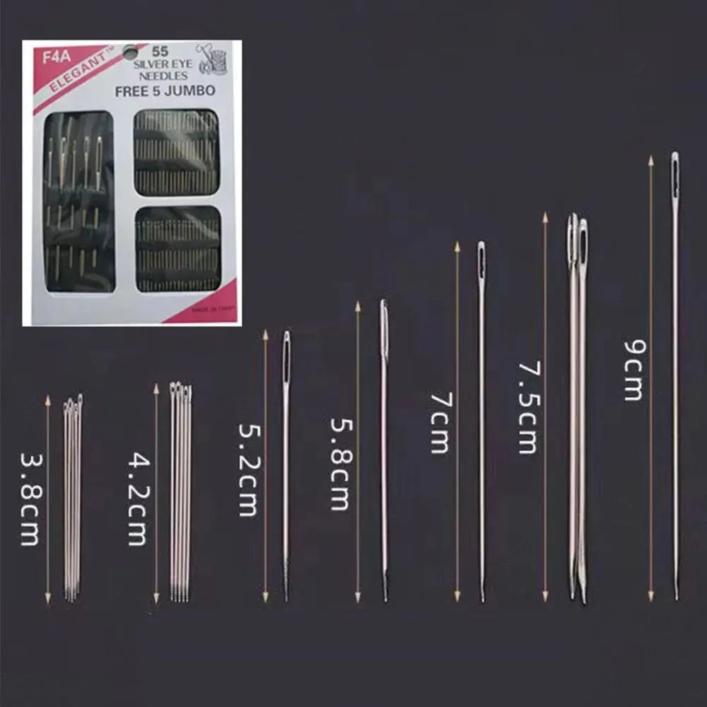 Big Eye Hand Sewing Needles Stainless Steel Set 55 Pieces