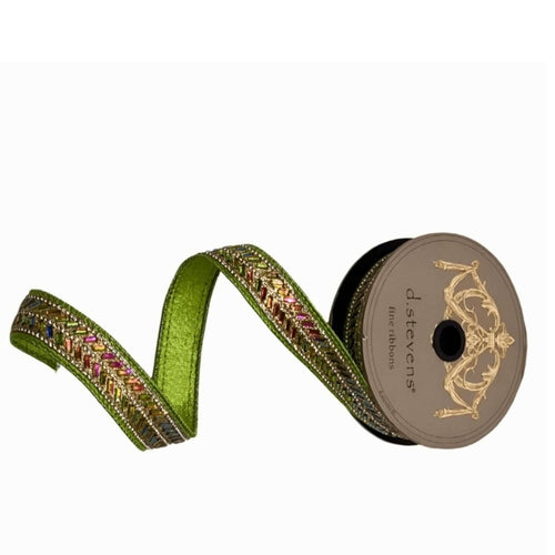1" Metallic Dupion Herringbone Jewel Ribbon: Lime (5 Yards)