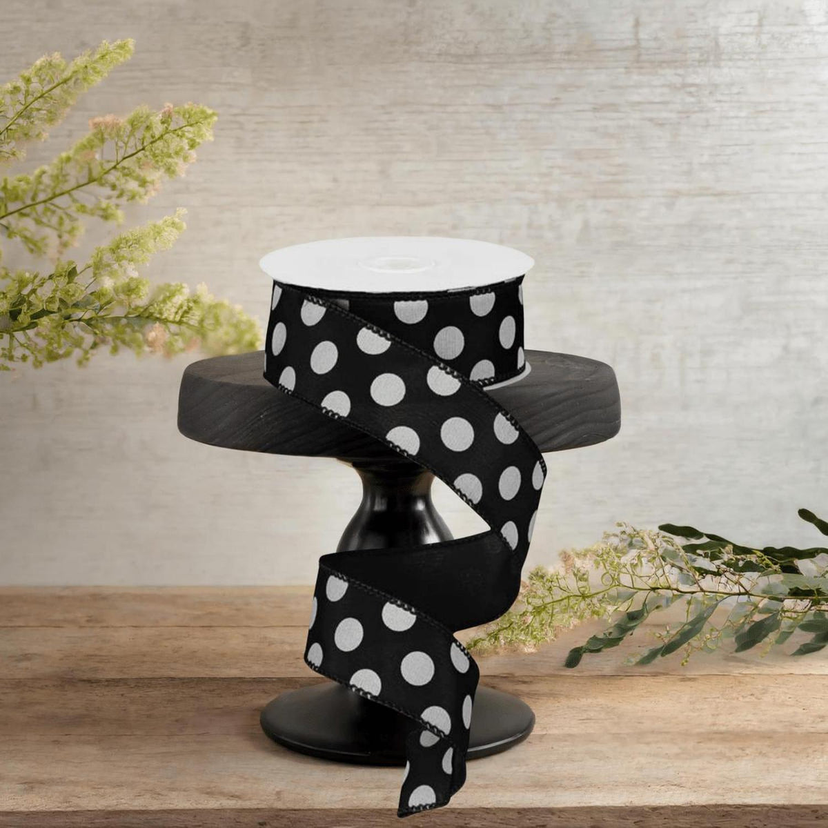 1.5" Big Polka Dot Ribbon: Black & White (10 Yards)