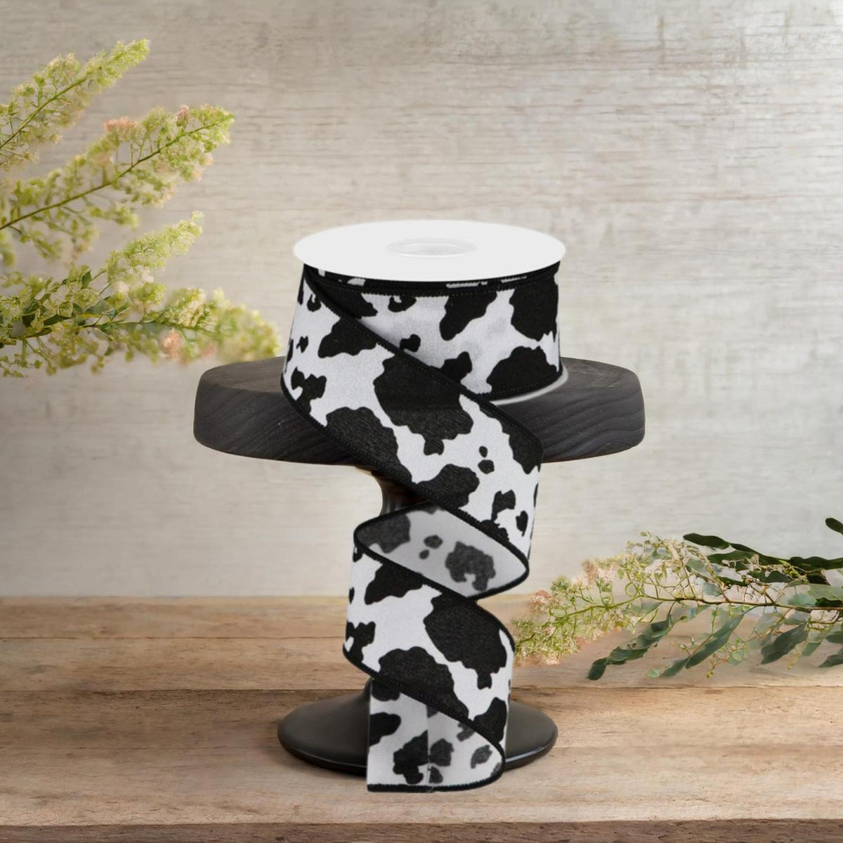 1.5" Fuzzy Cow Print Ribbon: Black & White (10 Yards)