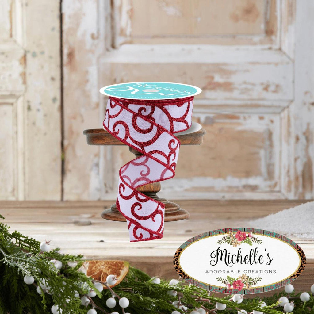 1.5" Glitter Swirl Ribbon: White/Red (10 Yards)
