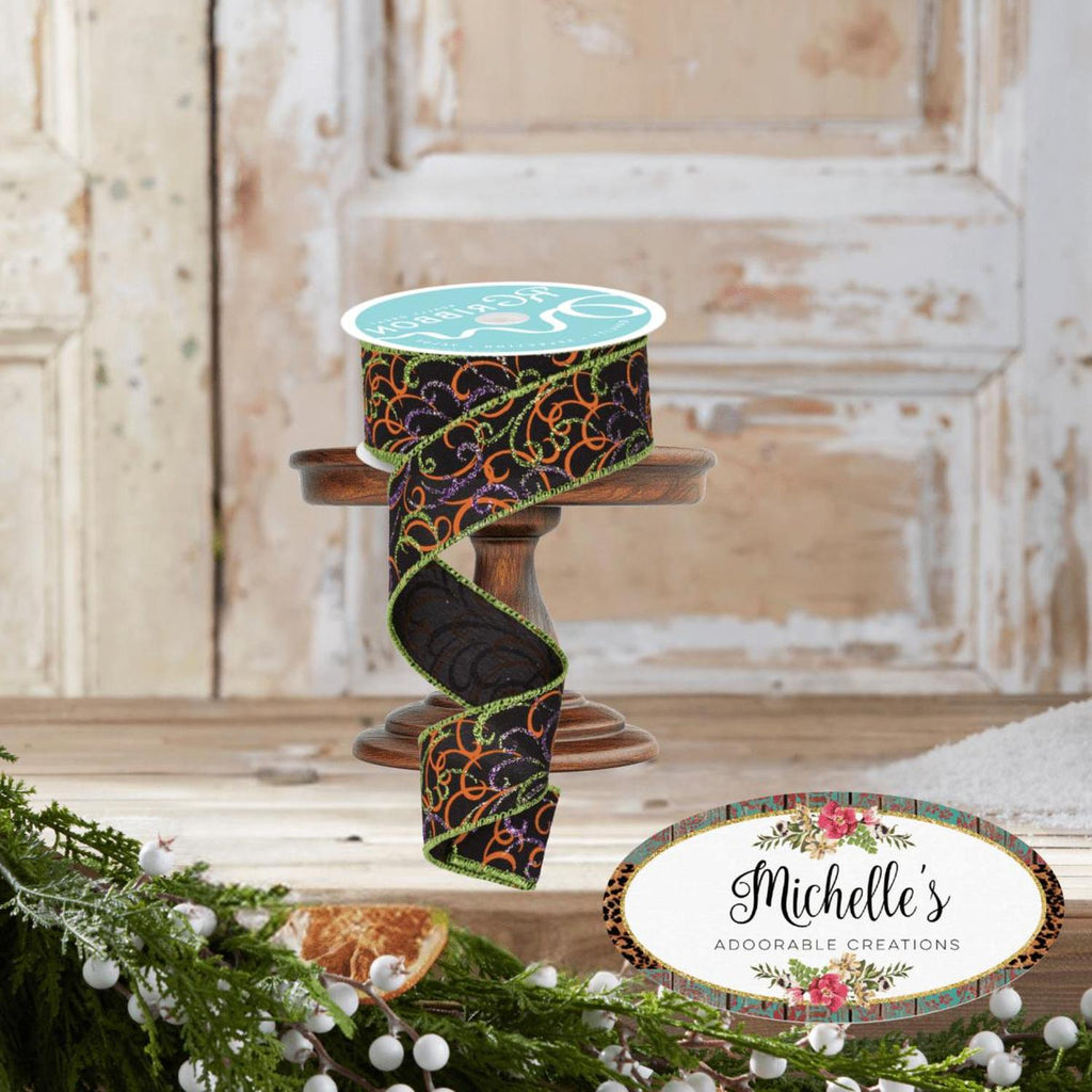 1.5" Multi Swirls Glitter Ribbon: Black/Orange/Purple/Lime (10 Yard)