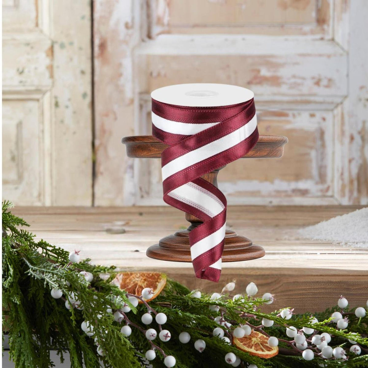 1.5" Satin Team Stripe Ribbon: Maroon & White (10 Yards)