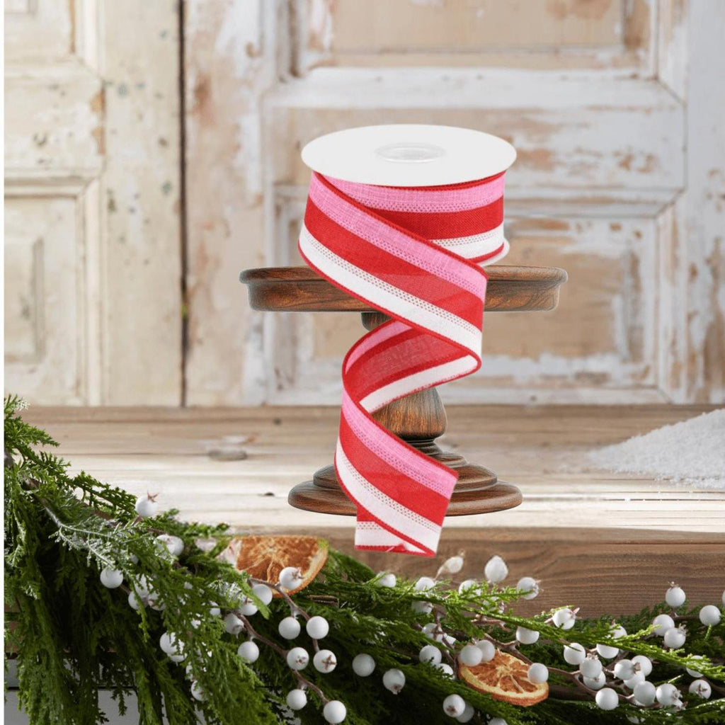 1.5" Tricolor Striped Ribbon: White, Pink, and Red (10 Yards)
