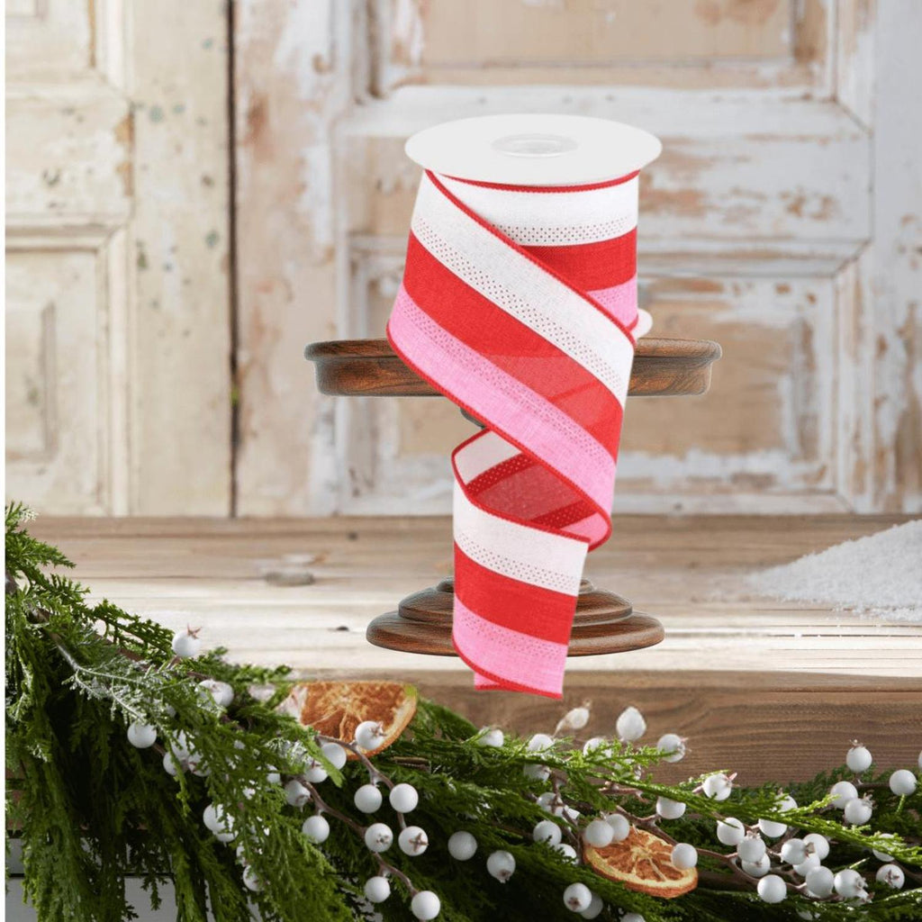 2.5" Tricolor Striped Ribbon: White, Pink, and Red (10 Yards)