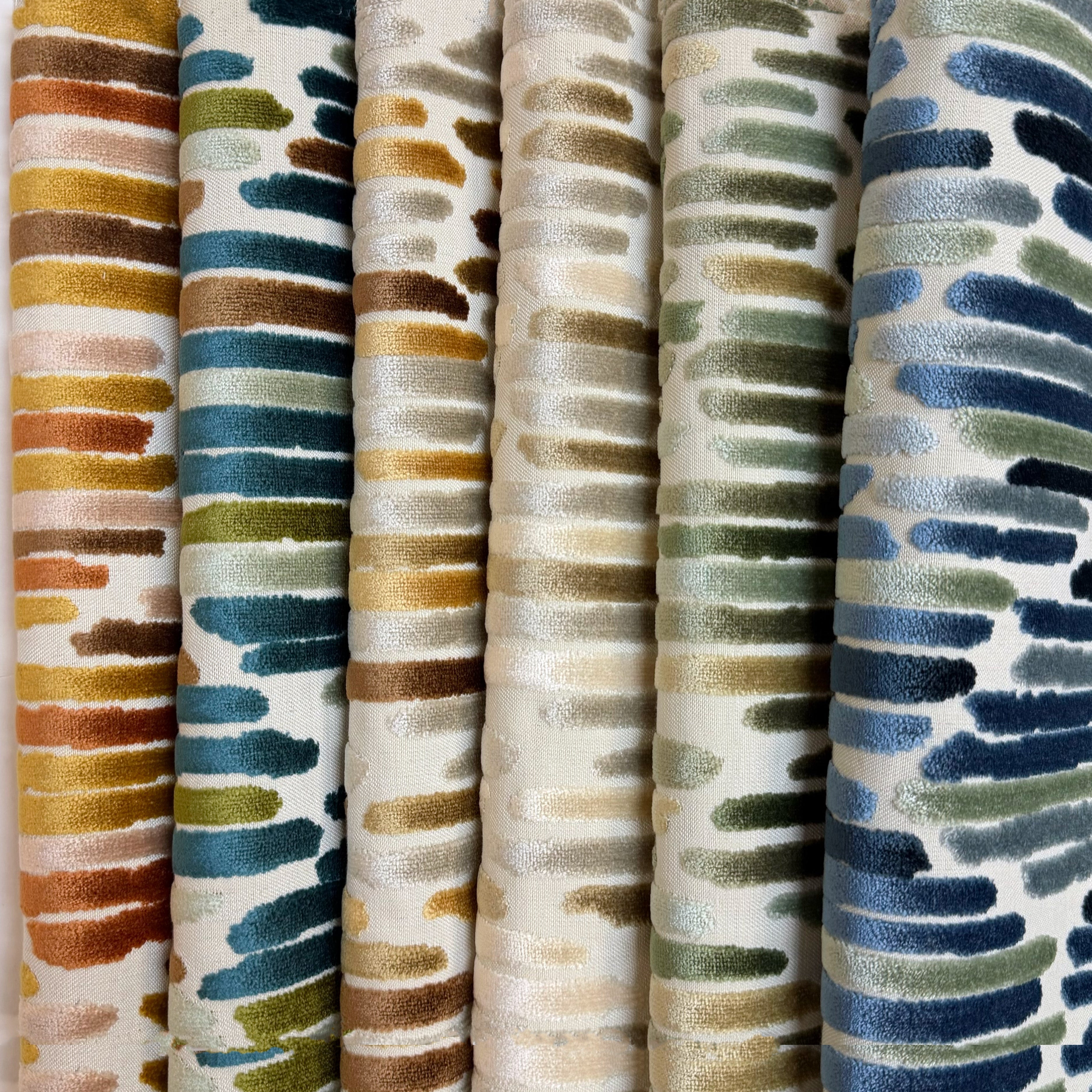 CASCADE - HARMONY, GEOMETRIC CUT VELVET UPHOLSTERY FABRIC BY THE YARD