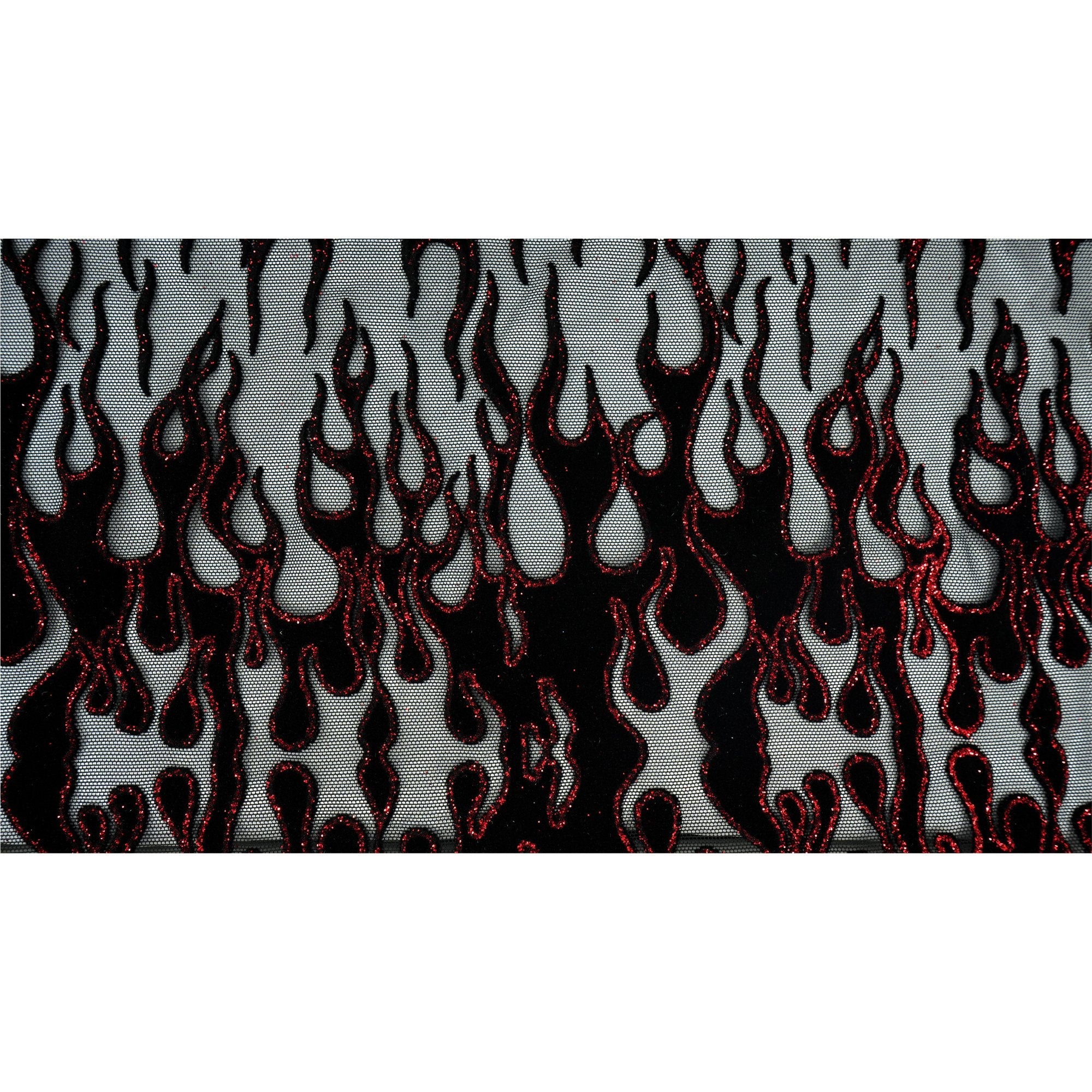 Fiery Glittered Flocked Stretch Mesh Fabric | Blue Moon Fabrics