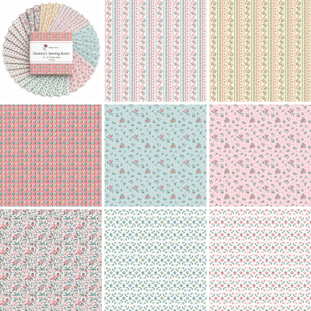 Granny's Sewing Room by Poppie Cotton - 5"x5" Charm Pack (42 Squares)