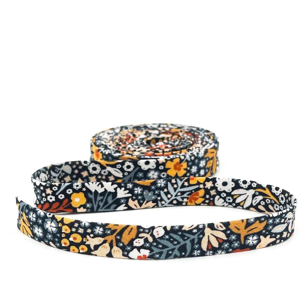 Double Fold Bias Tape 1/2'' Old Garden Florentine Black Bias Binding Floral