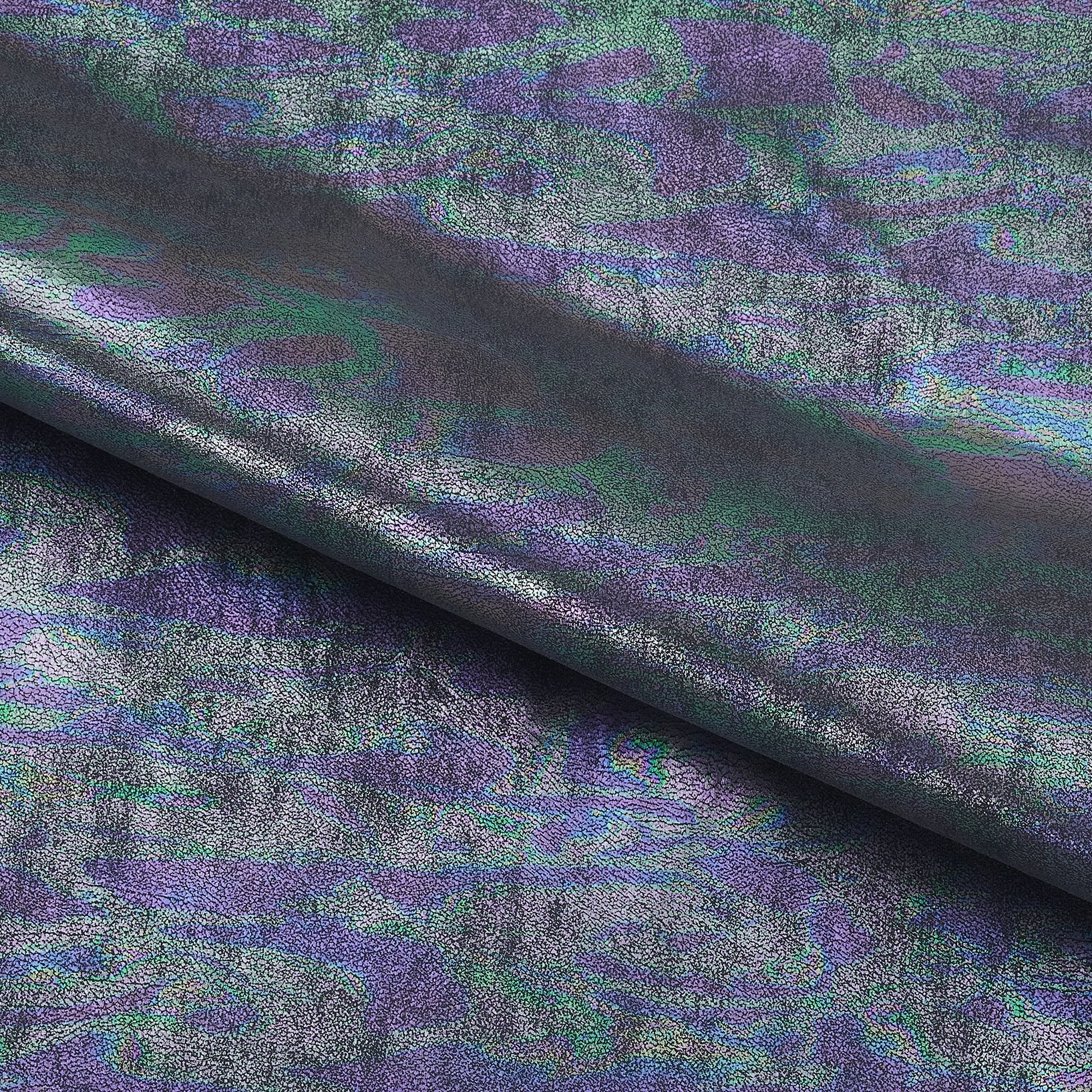 HK501 - Iridescent Oil Slick Foiled Spandex Fabric | Blue Moon Fabrics
